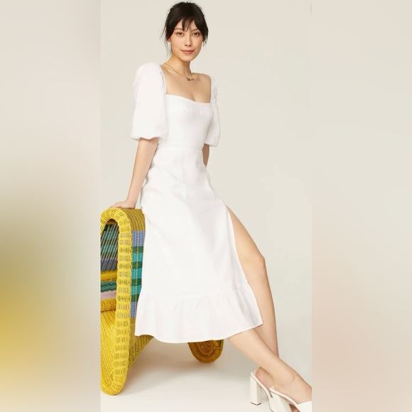 Reformation 100% linen Elegant White Puff Sleeve midi Dress, US12 - Picture 3 of 12
